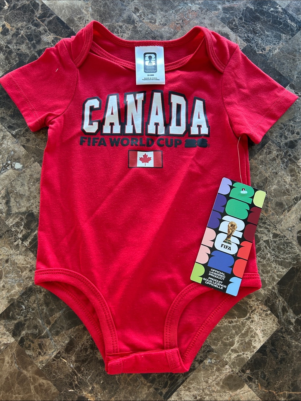 NWT 🆕 World Cup FIFA Official Canada Red Baby One-Piece Bodysuit 12-18 months